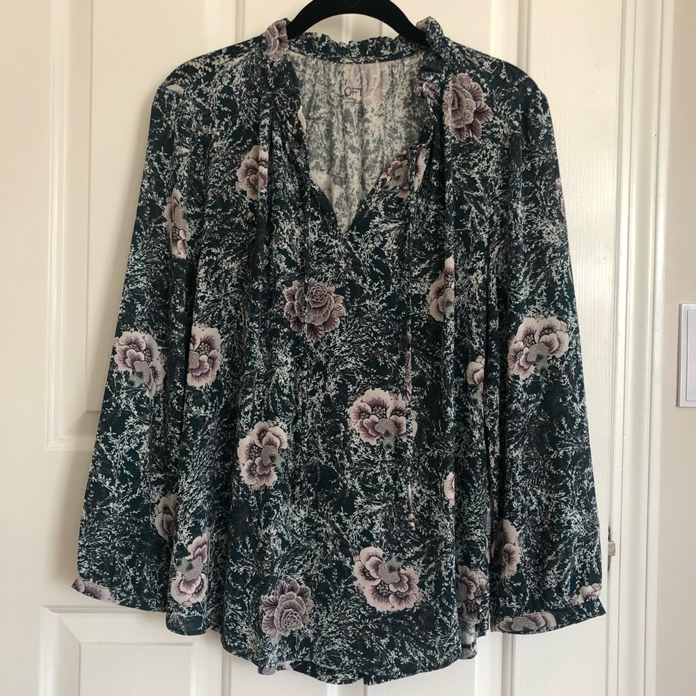 LOFT Dark Green Floral Tie-Neck Blouse